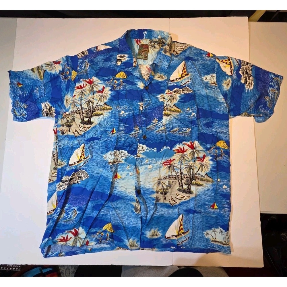 413 Vintage Pineapple Creations Hawaiian Shirt XL Blue Rayon Aloha Tropical